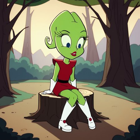 score_9, score_8, score_7, BREAK, peep_tj, green skin, red dress, gloves, boots, sitting, stump, outdoors, natural lighting, trees