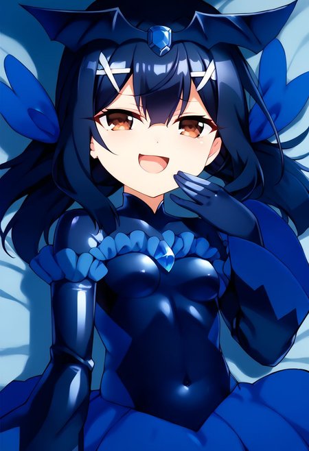 score_9,score_8_up,score_7_up, score_6_up, uncensored, source_anime, 5_fingers, 1girl, solo, black badend-bodysuit, badend-tiara, blue frills, blue skirt, blue gem, latex bodysuit, zPDXL2, good_hands, by hiroyama_hirosh, miyue,  1girl, solo, long hair, black hair, twintails, sidelocks, hair ribbon, x hair ornament, hairclip,  hair between eyes,  bangs, hair ornament,brown eyes, small breasts, miyue, on back, mesugaki, mesugaki, smug, skin fang, hand to own mouth, pettanko, small breasts, shiny clothes, miyu edelfelt,