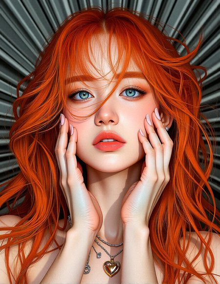 An upper body image of a beautiful young lady with curly orange hair, hair over one eye,  aqua eyes, and bold eyeliner. She has thick eyebrows and long eyelashes, long fingernails,  and her lips are shiny and full. She wears an amulet heart,  and a helix piercing. The extreme realism focuses on her detailed skin, showing fine textures and natural highlights.

The background is Lines radiating outward from a central point, creating a dynamic burst effect.

Her outfit are Fitted pencil skirt with a silk blouse

Subtle skin pores and natural texture on the face and neck, Realistic light reflections on the surface of the eyes, Slightly raised veins visible under the skin on the neck, Subtle veins visible on the eyelids under certain lighting, Realistic reflection of light on the glossy lips, following their curvature, Soft reflections on the necklace, enhancing its metallic look

Both hands gently cupping her face, with a soft, dreamy look







 









































