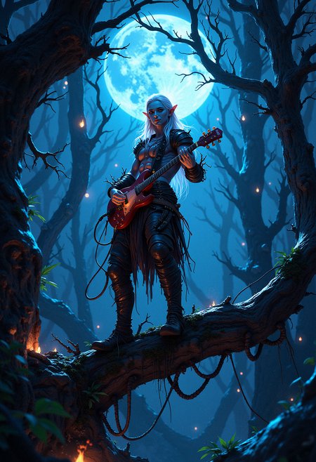 In a moonlit forest at night, a lone night elf stands on a tree branch, playing an electronic guitar. His skin is pale blue, glowing faintly in the darkness, his long white hair cascading down his back. He wears light armor of woven vines and dark leather, designed to blend in with his surroundings. The background is a thick, misty forest, with the glowing eyes of the creatures hiding in the shadows. The atmosphere is mystical and eerie, the color palette is dominated by soft shadows and cold blue hues.  <lora:FluxMythP0rtr4itStyle:0.8> MythP0rt,  <lora:ARTifacts:0.66>