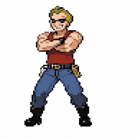 1boy, 
solo, 
full body, 
standing, 
dukenukem, 
muscular male, blonde hair, 
red tank top, denim pants, boots, belt, sunglasses, 
crossed arms, clenched teeth, grin, looking at viewer