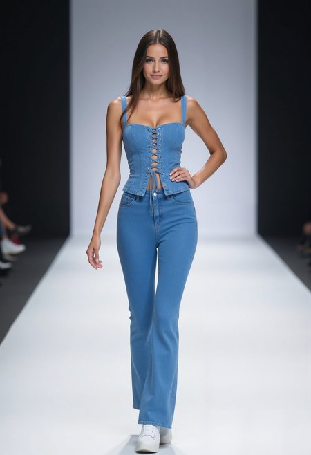 beautiful young woman, small round breasts, seductive smile, perfect makup, clo020, Full-body shot of a woman wearing a mid-blue wash corset-style denim top with lace-up front, high-waisted flared jeans, modern styled white sneakers, posing on a catwalk