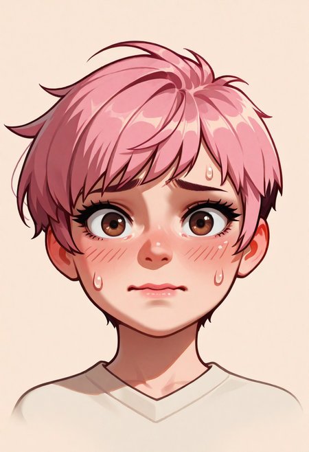 chibi, high contrast, masterpiece, best quality, amazing quality, very aesthetic, retro artstyle, realistic, promotional art, newest, volumetric lighting.
(artist:incase:0.5), (artist:tsuaii:0.5), color theory,
1girl, face, solo, straight-on, focus on face, front view, portrait, (nervous: 1.5), Pixie cut, pink hair, brown eyes, luminescent background, simple background.
