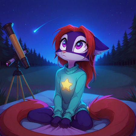 Dreamkeepers,Indi_and_Digo,1girl,solo,furry,tail,source_furry,,red hair,purple fur, purple eyes,masterpiece, 
kid, child, 
night, stars, sky, sitting, long_hair, cozy_sweater, telescope, soft_glow, dreamy, calm, peaceful, shooting_star, warm_lighting, blanket, moonlight, countryside, detailed_background, looking_up, quiet_atmosphere