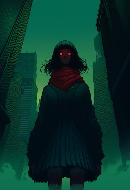 score_9, score_8_up, score_7_up, score_6_up, score_5_up, flat color, sinozick style, john kafka, (1girl, brown skinned, blunt bang, bob hair, green beanie, scarf, fantastic robe, cool pleated skirt, a pair of stockings), (horror_(theme), terror, eldritch_abomination, city, red light, CR33P1NGF0G, fog)