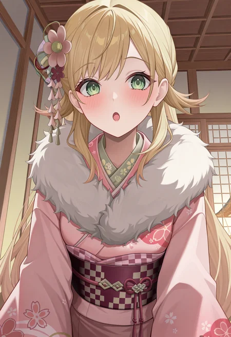 masterpiece, best quality, absurdres, highres, newest, 1girl, solo, <lora:sharena-fe-richy-v1_ixl:1> sharenany, green eyes, blonde hair, long hair, pink kimono, sash, fur trim, floral print, hair flower, open mouth, :o, blush, indoors, east asian architecture, looking at viewer,