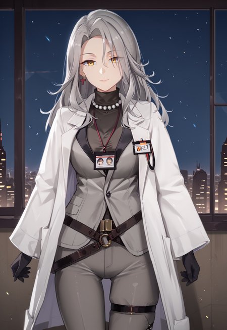 LadyGrey, long hair, labcoat, black gloves, grey hair, pearl necklace, white coat, grey pants, id card, yellow eyes, long sleeves, earrings, shirt, open coat, turtleneck, grey jacket, thigh strap, belt,

looking at viewer, hand up, closed mouth, light smile, half-closed eyes, head tilt, 
 
indoor, window, city, neon lights, dark, night, night sky, 

1girl, solo, solo focus, highres, absurdres, light particles, backlighting, shade, lens flare, shiny skin, fine fabric emphasis,
