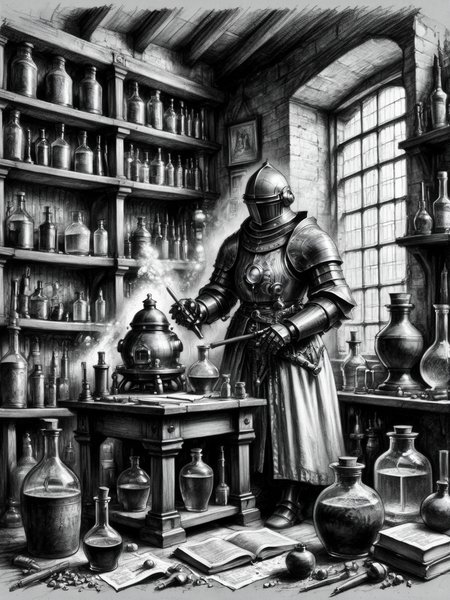 A black and white sketch of a medieval alchemist's study, but the alchemist is a robot, surrounded by ancient tomes and bubbling potions <lora:Renaissance_Drawing:0.7>,<lora:EnvyBetterHiresFixXL01:0:hr=1>