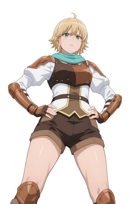 Smooth Quality,masterpiece,very intricate, high quality details, ultra realistic, high detailed skin,
simple background, white background,
from below,:>=,middle finger,standing, hands on hips, feet apart, determined, looking forward,  ,
 <lora:Rembrandt_Yunocnn:0.8> rembrandtyuno/cnn, blonde hair, solo, green eyes,1girl,aqua scarf, 
armor, shorts,boots,