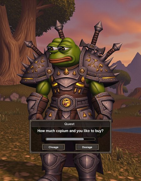 In the lush, mystical world of Azeroth, a Pepe the Frog character stands ready for battle, decked out in full warrior armor. His vibrant green skin contrasts with the bulky, intricately detailed plate armor, forged from dark iron and adorned with spikes and glowing runes. A massive, jagged-edged sword is strapped across his back, and a round, heavy shield, emblazoned with the symbol of the Horde, hangs from his arm. His wide, expressive eyes peer out from under a horned helmet, a mixture of determination and weariness in his gaze.  Around him, the vibrant environment of World of Warcraft unfoldsâtall, ancient trees with twisted roots, a sky tinged with the colors of an eternal sunset, and distant mountains shrouded in mist. In the bottom corner of the screen, a quest box pops up, styled in the familiar Warcraft font, reading, "How much copium would you like to buy?" Below the text, a slider bar allows the player to choose their dosage, adding a humorous, meta twist to the scene. The entire image is a blend of the fantastical elements of Warcraft with the meme-like humor of Pepe, creating a surreal, immersive experience.