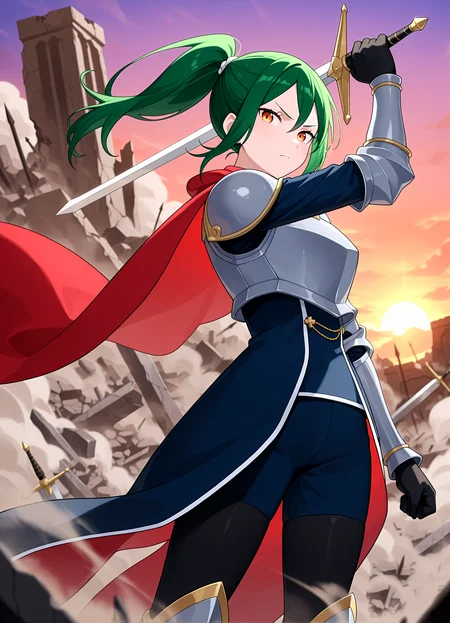 1girl, <lora:kncrusch_sn55:1>, crksn, green hair, ponytail, white hair tie, breastplate, pauldrons, red cape, blue dress, pants, black legwear, armored legwear, black gloves, serious face, holding sword, knight pose,
rubble, dust, sunset, battlefield, chin up,
looking at viewer, cowboy shot, straight shot,
high resolution, ultra-detailed, absurdres, masterpiece, best quality, good quality, newest,