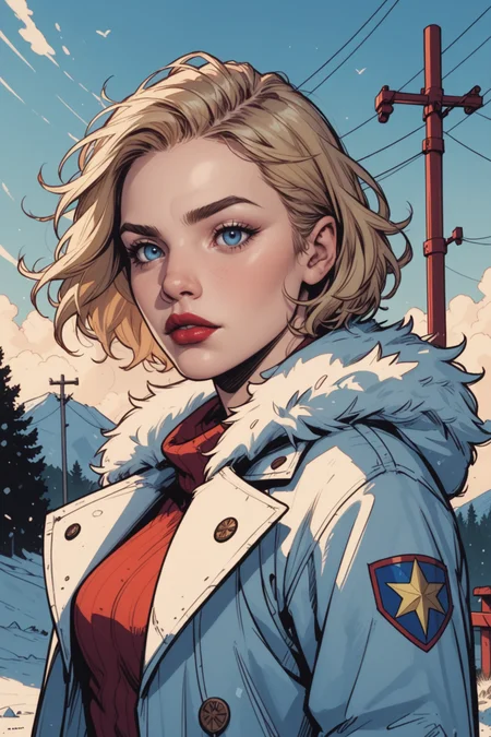 1girl, solo, blue eyes, blonde hair, realistic, red lips, fur coat, looking at viewer, blurry, makeup, outdoors, upper body, coat, blurry background, lipstick, photorealistic, parted lips, nose, lips, short hair, depth of field, fur trim, power lines, white coat, eyelashes, day, sky, utility pole, feathers, <lora:Expressive_H:0.5>, score_9, score_8_up, score_8_up, a_Comic_Illustration, rough lines with ink, (drawn:1.1), (sketch:1.5), (crosshatching:1.25), (comic style:1.1), graphic novel style, sharp lines, hires, zstyle, (western comics \(style\):1.1), (hatching \(texture\):1.2), zPDXL, Mr_Monster_Possitive
