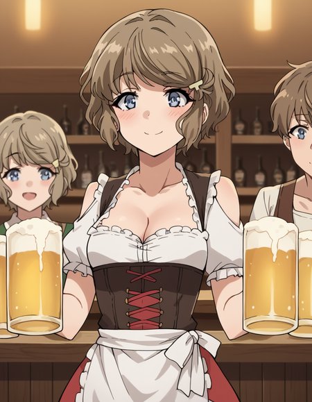 score_9, score_8_up, score_7_up, source_anime, <lora:tomoe-koga-s1-ponyxl-lora-nochekaiser:1>, tomoe koga, short hair, brown hair, blue eyes, hair clip,, <lora:dirndl-ponyxl-lora-nochekaiser:1>, dirndl, german clothes, beer mug, collarbone, cleavage, beer, underbust, waist apron,, indoors, bar, smile, blush,, , cowboy shot, dutch angle