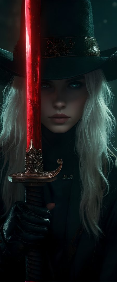 A cinematic still, Bloodborne, a lone woman, dressed in dark cowboy hat, cowboy coat, 
stands with a resolutely determined gaze directed at the viewer. her is holding up a shining red katana and covering half of her face, its blade glinting in dramatic cinematic lighting that casts shadows across her face. Platinum blond hair cascades down her back like a waterfall, while piercing Bright blue eyes seem to bore into the soul.