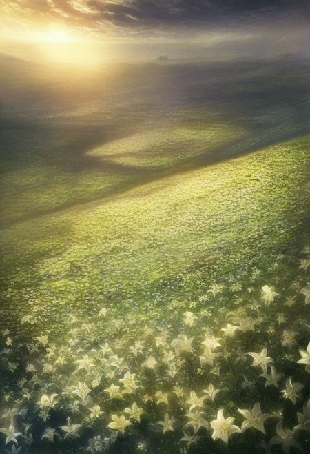 detailed background, from above,( Calm spring morning landscape), beautiful view, Flower Field, lily flower in full bloom, lily flower, early morning, sunrise sky, beautiful clouds, dappled sunlight, 
I can see a windmill in the distance, 
depth of field, masterpiece, best quality, ultra-detailed, very aesthetic, illustration, perfect composition, intricate details, absurdres, moody lighting, wisps of light, no humans,