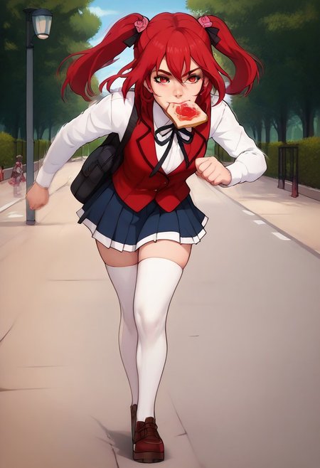 score_9, score_8_up, score_7_up, score_6_up, high definition, realistic, full body, beautiful face, perfect eyes, amelia_rose, red hair, red eyes, school uniform, white thighhighs, running with food in mouth, toast, on sidewalk, motion blur