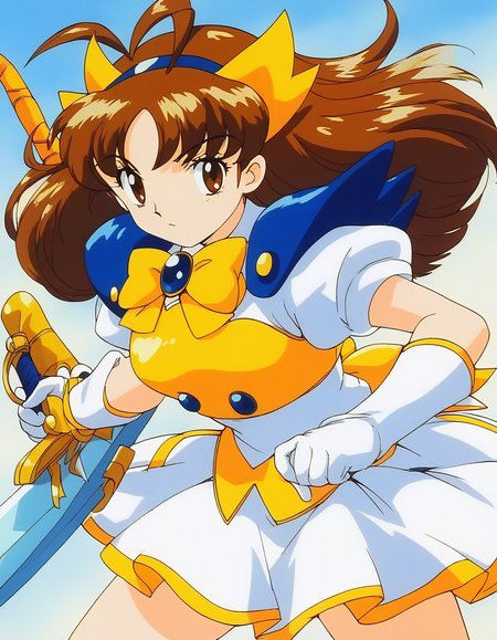 score_9, score_8_up, score_7_up, source_anime, rating_explicit, BREAK  <lora:Tsurugino_Mai_XL:1> Tsurugino_Mai, 1girl, solo, brown hair, weapon, gloves, sword, long hair, holding, 
1990s (style), brown eyes, bow, yellow bow, holding weapon, holding sword, magical girl, 
hairband, skirt, short sleeves, white gloves, Yellow armor, dress, white skirt, blue shoulder armor,
looking at viewer, antenna hair, puffy sleeves, bangs, puffy short sleeves