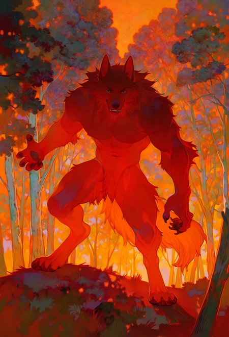 male, solo, anthro, digitigrade, (fur), fluffy fur, canine,  5 fingers, claws, pose,  black fur, claws, teeth, smile, looking at viewer, pose, outside, forest, brown eyes, BREAK masterpiece, best quality, newest,  high quality, very aesthetic, very awa,  abstract, abstract background,   <lora:Xiao style:1> xiaoquandianer,