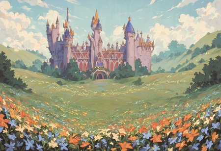 score_9, score_8_up, score_7_up, score_6_up,
nature background, flowers, flower frame, small clouds, fields, flower field, castle in background,  castle, vintage, film grain