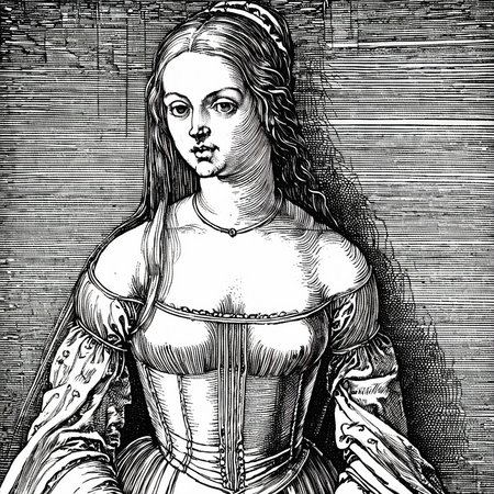 durer, denri, engraving, monochrome, portrait of a girl in a shoulderless dress, <lora:DURER-01:1>, <lora:DENRI_01(juggernautXL_v9)-100:1>