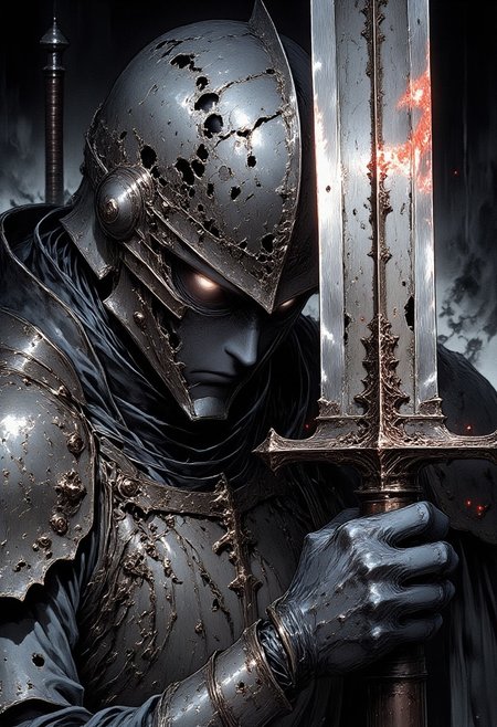 A brutal, battle-hardened knight’s eyes under a cracked and scorched helmet, gripping the hilt of a massive sword with one hand. His eyes glow dimly with grim determination. The sword’s oversized blade is partially visible, gleaming ominously, with flashes of deep red highlights glinting along the edges, adding an eerie, fiery aura. The knight's hand, rough and scarred, clasps the grip tightly, showing the strength required to wield such a weapon. Reddish tones emphasize the wear and tear on his skin, with crimson light tracing the sharpest edges of the blade. The ink lines are rough and heavy, capturing deep scars, wrinkles, and dust etched into his skin. His gaze is confident, menacing, with a slight, bitter crinkle suggesting hardened defiance. High-contrast monochromatic illustration with deep blacks and raw hatching, accented with vibrant red streaks that punctuate the scene, creating an atmosphere heavy with the weight of countless battles. nistyle, Studio Ghibli Dark Fairytale.