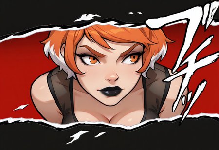 masterpiece, best quality, mrporty,g0thic, neon, close-up, cowboy shot, BREAK, 1girl, orange hair, (white hair wicks:0.9), (two tone hair:0.8), orange eyes, black lipstick, short hair, cute, gold chocker, cleavage, letterboxed, sound effects, style parody, cut-in, simple background, border