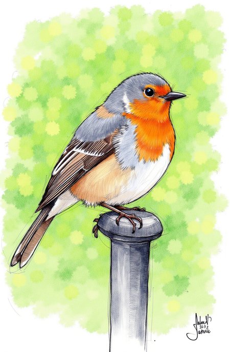 Sharp image of a rough sketch, rendered in vibrant multi colour ballpoint pen, capturing the adorable features of a portait of a small bird perched on a metal pole. The bird is facing towards the right side of the image and its head is turned slightly to the left. It has an orange breast and a grey back and wings. Its beak is black and it appears to be looking off into the distance. The background is blurred, but it seems to be a garden or wooded area with green foliage.  p3nsk, <lora:p3nsk:1>