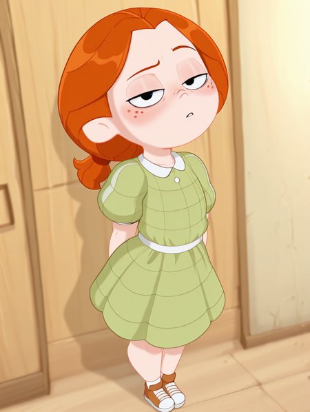 masterpiece, best quality, amazing quality, very aesthetic, absurdres, Shadman, newest, solo, DBLKatieZYN, 1girl, solo, black eyes, ponytail, orange hair, freckles, (green dress), looking_at_viewer