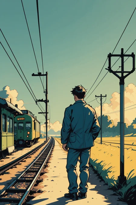 1boy, solo, male focus, railroad tracks, standing, from behind, black hair, train, coat, day, train station, sunlight, scenery, short hair, pants, black footwear, a_Comic_Illustration, rough lines with ink, (drawn:1.1), (sketch:1.5), (crosshatching:1.25), (comic style:1.1), graphic novel style, sharp lines, hires, zstyle, (western comics \(style\):1.1), (hatching \(texture\):1.2), zPDXL, Mr_Monster_Possitive, <lora:Expressive_H:0.5>, score_9, score_8_up, score_8_up,