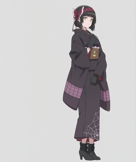 official art, absurdres, highres, anime coloring, hi res, best quality, masterpiece, 2d, intricate details, 4k,
1girl, solo, female, eyelashes, nose, short hair, bangs, green eyes, yellow eyes, black hair, blunt bangs, bob cut,
hairband, red hairband, pink hairband, bow, ribbon, hair ribbon, hair bow, red bow,
gloves, black gloves, japanese clothes, kimono, sash, obi, black kimono, spider web print,
boots, black footwear, high heels, high heel boots, ankle boots,
full body, looking at viewer, standing,
depth of field, white background, <lora:Mio_(Character)_ILXL:1>, mio \(tsuki ga michibiku isekai douchuu\), tsuki ga michibiku isekai douchuu,