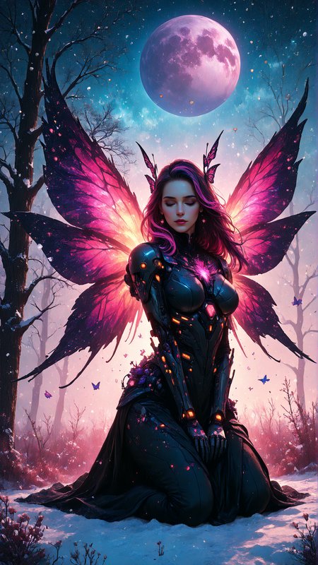 score_9, score_8_up, score_7_up, 8K Ultra Realistic, Jed-dblexpsre effect, double exposure of planets and stars, merged, Jed-dblexpsre, double exposure huge spread cyber butterfly wings decorated with snowflakes planets and stars, multicolor dyed hair, very long straight hair, eyes closed, facing ground, cyborg girl, cyborg body details, dark fields of snow and reflecting ice with planets and stars, kneeling, peaceful,
