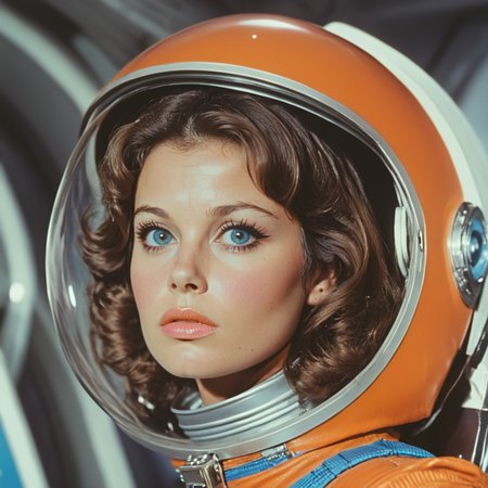 <lora:70sSci-FiMovieSDXL:1> ArsMovieStill, movie still from a 1970s technicolor Sci-Fi movie, The image is a close-up portrait of a young woman wearing an orange space suit. She is wearing a full-face helmet with a large visor that covers her head and shoulders. The helmet is made of a shiny orange material and has a silver buckle on the side. The woman has shoulder-length dark hair styled in loose curls and is looking directly at the camera with a serious expression. She has a hint of pink lipstick on her lips and her eyes are a piercing blue. The background is blurred but it appears to be an astronaut's suit., 1girl, solo, brown hair, spacesuit, looking at viewer, helmet, space helmet, parted lips, astronaut, lips