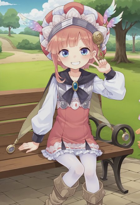 score_9, score_8_up, score_7_up, score_6_up, score_5_up, score_4_up , anime coloring ,BREAK source_anime, anime,screencap,
1girl, solo, a13, pink dress, split cape, child, pantyhose, boots, white pantyhose, striped headwear  <lora:PonyXL RoronaF V1:0.9>
outdoors, park, sitting on bench,
smile, grin, looking at viewer,