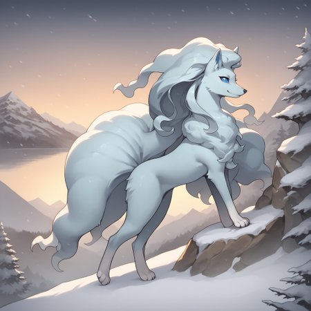 score_9, score_8_up, score_7_up, alolatales, long hair, multicolored skin, blue sclera, pokemon \(creature\), (solo), full body,  looking at viewer, snow, blizzard, snowing, smile, nature, flowers, mountains, side view, cliff, <lora:cefaa866-a58e-40ba-a219-79ab392f7d60:1.0>, <lora:e53e491a-5fdc-4e89-a631-132e968604de:0.9>