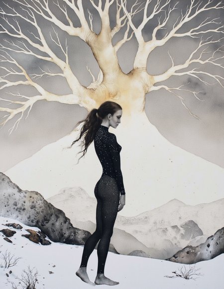 Art by Marina Richterova. A digital illustration shoot from a profile camera angle about a silhouette of a woman standing in a snowy landscape with a large, bare tree-like structure above her head. the image also shows a surreal, ethereal atmosphere. on the middle of the image, a woman, who appears to be in her mid-twenties, is standing with her full body facing the viewer. she has long, flowing hair and is wearing a form-fitting, black bodysuit that is covered in small, sparkling particles. her body is slim and toned, and she is barefoot. the woman is facing away from the viewer, and her expression is neutral. the background is a gradient of grey and white, with a snow-covered hill in the foreground. the overall mood is one of serenity and wonder, with the woman's silhouette standing out against the stark backdrop of the snowy landscape and the glowing tree.