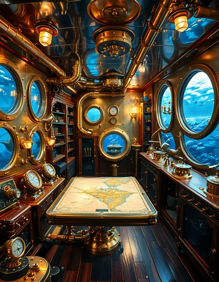 A stunning and intricate view of the interior of the Nautilus submarine, inspired by Jules Verneâs steampunk aesthetic. The room is a mix of Victorian elegance and advanced 19th-century marine engineering. The walls are lined with riveted brass and copper pipes, with intricate pressure gauges and mechanical levers. A massive, round glass porthole offers a breathtaking underwater view of deep-sea creatures swimming in the dark abyss. The warm glow of antique oil lamps and gaslights illuminates the space, casting soft golden reflections on the polished mahogany furniture and ornate brass railings. A large wooden desk is covered with old nautical charts, compasses, and a logbook filled with Captain Nemoâs notes. In the background, a library with leather-bound books and scientific instruments is neatly arranged on wooden shelves, emphasizing the scholarly and adventurous nature of the vessel. The ambiance is a perfect fusion of mystery, science fiction, and vintage maritime beauty, evoking a sense of wonder and deep-sea exploration.<lora:SDXLFaeTastic2400:0.4> <lora:extremely_detailed:0.4> extremely detailed, <lora:Nautilus_subm4r1n3:1>,Nautilus subm4r1n3, Masterpiece,best quality,hi res,8k,hi res,8k,award winning,(sharp focus, intricate, highly detailed),