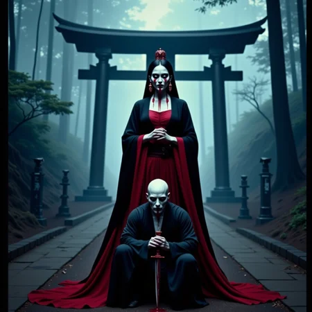 analog film photo Half-body portrait, feudal Japan mountain shrine, fog-lit dawn: A vampiric onna-bugeisha stands poised in layered black and blood-red kimono, face painted white with blood trickling from her lower lip. Her red eyes are narrowed and focused, glowing faintly against the mist. Her long fangs are exposed as she holds a tanto blade horizontally in front of her face. Behind her kneels a ghoul servantâhead shaved, wearing tattered ceremonial robes, mouth stitched closed with red thread. Shot on a Mamiya RZ67 with 110mm lens, film: Ilford HP5+, using ambient fog-filtered dawn light with silver bounce. Her skin is textured like porcelain cracked with age; tiny veins, faint dark circles, and blood splatters contrast the stillness of her form. The background fades into sacred mist, shrine gates half-devoured by roots and time. The portrait is reverent, violent, and quiet. analog photography, shot by kodak brownie, faded polaroid  <lora:undead denizens v2.2:1> . faded film, desaturated, 35mm photo, grainy, vignette, vintage, Kodachrome, Lomography, stained, highly detailed, found footage