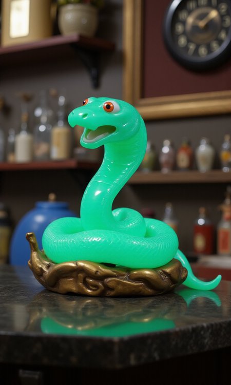 jade_snake, shebaaobao, neouv, cartoon snake made out of glowing illuminated iridescent jade ready to bite somebody on the counter of a pawn shop in New York City  <lora:jadesnakeflux-000001.safetensors:1.0> <lora:shebaobao_flux_snake_Cartoon_v2.safetensors:1.0> <lora:neouv_flux_03.safetensors:1.0>