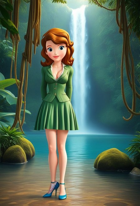 sofia_the_first,  blue eyes, brown hair,skirt suit, striped suit, fitted skirt, sea green suit, medium breasts, cleavage, 18 years old, Jungle w4t3rf4ll,neoclassical painting, high heels,1girl