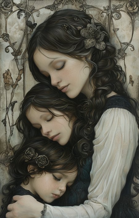 masterpiece,best quality,<lora:tbh220-sdxl:0.9>,illustration,style of Jessica Galbreth portrait of family