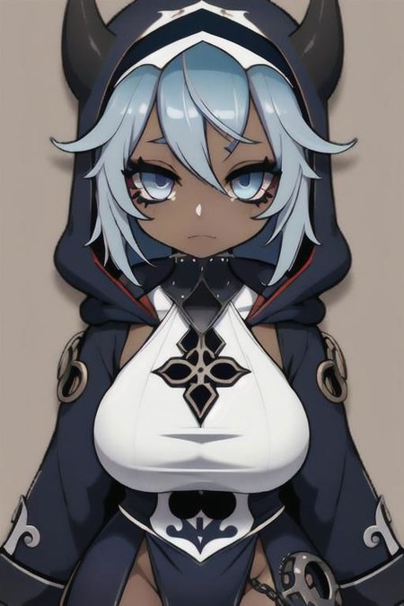 Devil, horns, body mods, chibi, huge breasts, thick thighs, muscular, ((dark tan skin)), white hair, ((navy hair streaks)), short spiky scene hair, slanted blue eyes,blue tribal cloud tattoos, non human, monster girl, bad ass, ((nun)), huge fluffy white scarf, (( hooded jumpsuit)), ((steampunk)), ((y2k aesthetic)), black, white, navy, light blue, 3d render, chibi, ((Kaeya Alberich inspired outfit)), poofy hair, eyeliner, emo, emo makeup, goth, wrench_genshin_style, chara-sheet