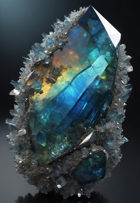 an extremely high quality octane render of a crystallised cybertronic cyberpunk massive polished gemstone made of opal labradorite moldavite petalite specimen,glittering,highly detailed,highly polished,reflective,specular,complimentary colors, photo,reflections,shimmering,sharp edges,crisp,deep water colors
 (8k uhd:1,4)
 <lora:add-detail-xl:1>
 <lora:Dynamic Poses:1>