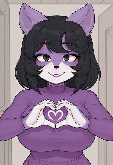 sajji,  1girl, solo, medium build, medium hair, sfw, safe for work, covered skin, flowy dress,  black eyes, purple lipgloss, smiling, portrait, upper body, heart hands, foreshortening, detailed, newest, furry female, furry, anthro
