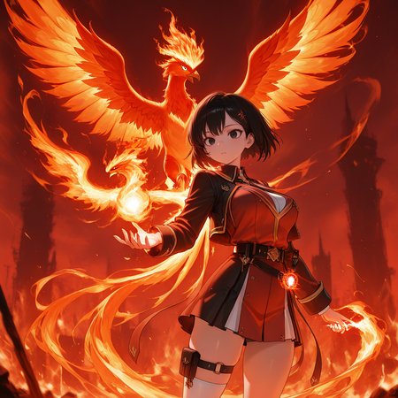 masterpiece,best quality,amazing quality, very aesthetic, detailed background, cowboy shot,
1girl,20yo, black hair, black eyes, short bob hair, hair pin,mdeium  breast, slender,(white thigh strap:1.1),
fire bird, phoenix, kaiser phoenix, red theme, fire magic, spell casting <lora:kaiser-phoenix-il-01:1>