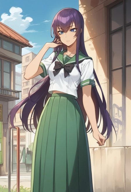 score_9, score_8_up, score_7_up, saeko_busujima, purple hair,  blue eyes, long hair, hair between eyes, school uniform, serafuku, green skirt, long skirt, pleated skirt, black bowtie,