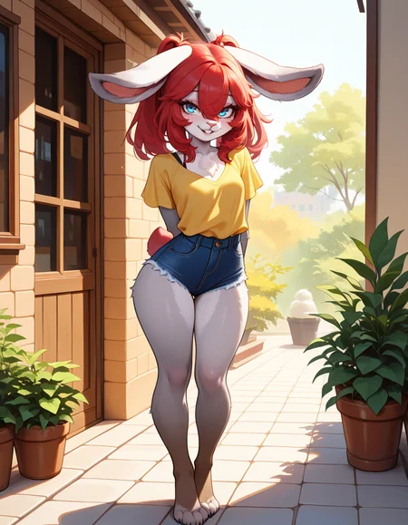 masterpiece, best quality, very aesthetic, absurdres,
outdoors,
full body, standing, posing, 
casual, 
seductive smile, parted lips, long eyelashes,
<lora:Naili_v01_NAIXL:1>
Naili,1girl,solo,furry,furry female, rabbit girl, rabbit ears, red hair, twintails, bangs, hair between eyes, blue eyes, snout, animal nose, buck teeth, body fur, white fur, rabbit tail,