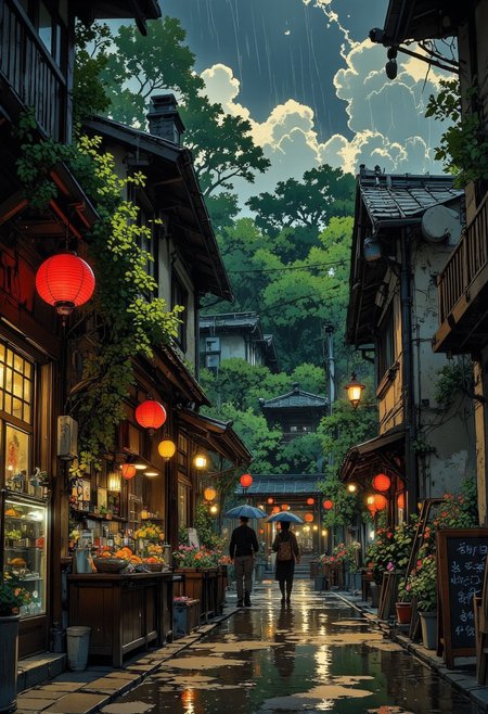 A quaint Japanese market alley drenched in warm summer rain, where soft drizzles form tiny ripples in puddles reflecting the glow of red lanterns. Vendors pull bamboo covers over their wooden stalls while steaming bowls of ramen send delicate plumes into the cool air. The sky is a mix of stormy blues and deep emerald greens, and the scent of wet earth and fresh citrus fills the air. Lush green vines cascade from old wooden balconies as paper lanterns sway gently, their reflections shimmering in the puddles. A lone traveler with an umbrella strolls toward a hidden shrine, partially obscured by mist, adding an air of mystery and adventure. Anime art, VibrantlySharp style., citybkg