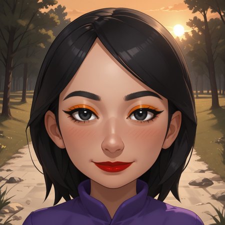 score_9, score_8, BREAK, solo, wii, mii, wii sports, female mii, 1girl, cute, black hair, black eyes, makeup, blush, orange eyeshadow, red lips, lipstick, purple clothing, black pants, shoes, nintendo mii, modern_mii, classic_mii, breasts, Xin_(OC_Mii), sexy pose, smile, outdoors, sunlight, shadows, evening lighting, natural lighting, forest, trees, grass, orange sky, sunset