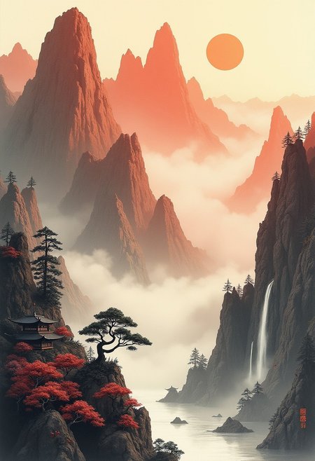traditional japanese art style, ink on paper, wabi-sabi, henna and carmine, sepia, BREAK, hyperdetailed photorealistic inksketch image of a grand mountain range at dawn, towering peaks with steep, jagged edges, covered partially in mist and low-hanging clouds, narrow waterfalls cascading down the rugged cliffs, clusters of ancient pine trees clinging to the mountainside, the valley below dotted with small, secluded temples nestled among the trees, a serene river reflecting the mountains, no text, no watermark, no logo.