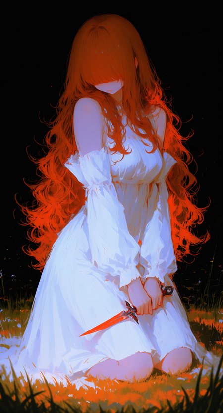 masterpiece, best quality, good quality, very awa, very aesthetic, absurdres, newest, 1girl, solo, long hair, brown hair, dress, closed mouth, bare shoulders, medium breasts, full body, detached sleeves, white dress, orange hair, kneeling, wavy hair, grass, black background, facing viewer, hair over eyes, covered eyes, field, holding dagger, facing to the side, Cinematic Lighting, <lora:NOOB_vp1_detailer_by_volnovik_v1:0.35> <lora:noobai_ep11_stabilizer_v0.138_fp16:0.4> <lora:ponyv6_noobV1_2_adamW-000017:0.7> <lora:ç»ªå¿_åæ¶æå¾åå½±è´¨æå¢å¼ºV3:0.3> <lora:r17329_illuu:0.3> <lora:748cmXL_NB11_lokr_V6311P:0.8>